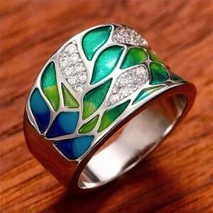 NWT Silver Wide Band Enamel Ring Vibrant Blue & Green Leaves CZ Accent. Sz. 9